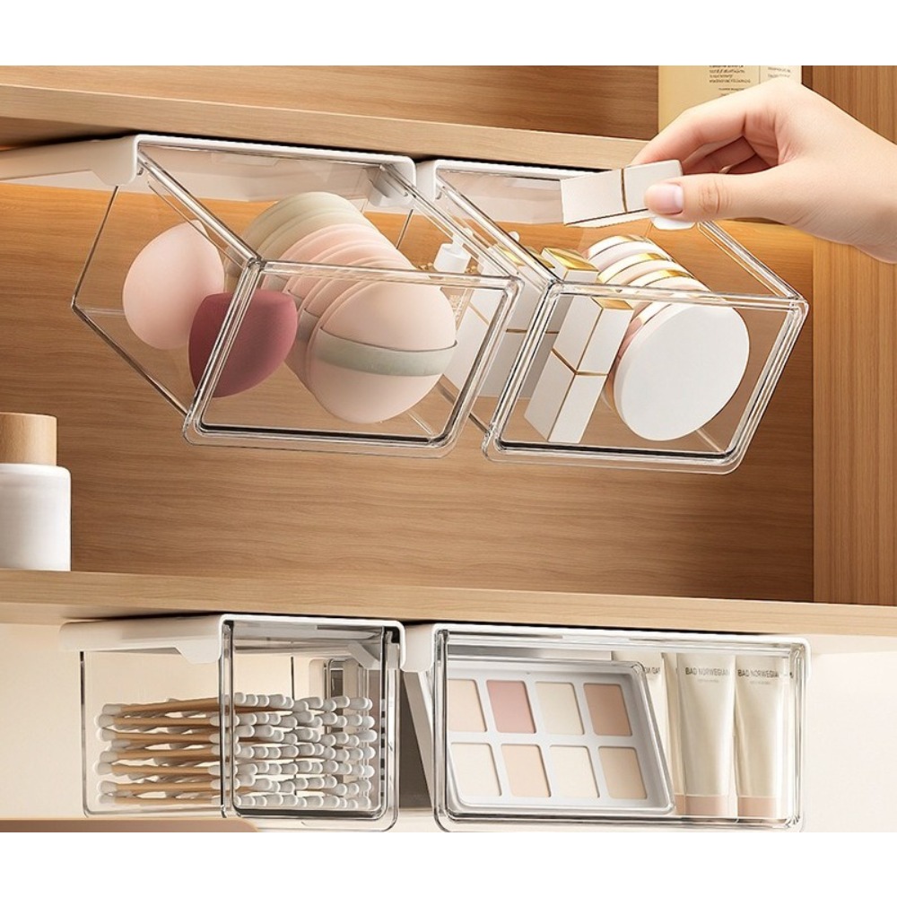 Makeup - กล่องเก็บของแบบลิ้นชักพลาสติก กล่องเก็บเครื่องสำอางความจุขนาดใหญ่แบบมีกาวในตัว ประหยัดพื้นที่ โปร่งใส