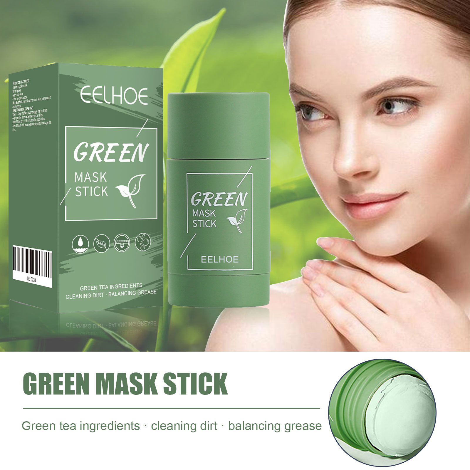 Green Tea Cleansing Clay Mask - มาส์กชาเขียวแบบแท่ง - ทำความสะอาดล้ำลึกและเติมความชุ่มชื้น กระชับรูขุมขน ไม่ทำให้ผิวแห้ง พร้อมหัวทาแบบไม่เลอะเทอะ