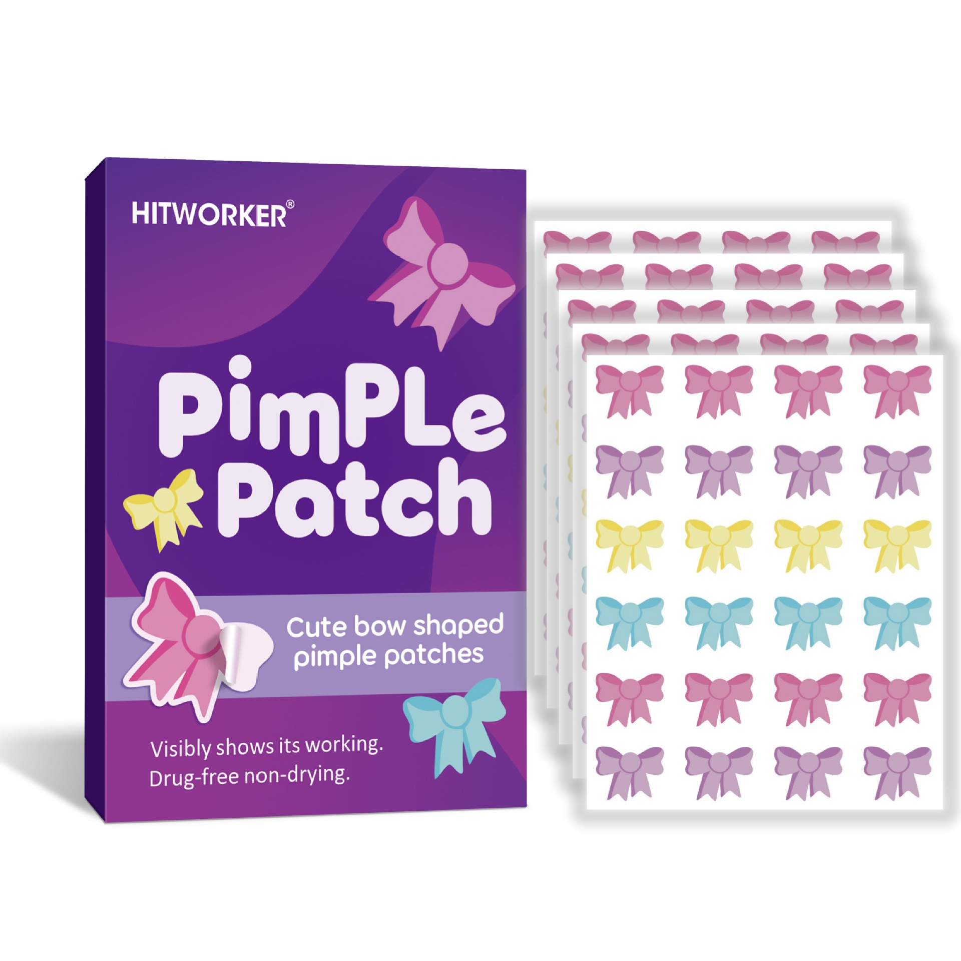 Hydrocolloid Pimple Patch - แผ่นแปะสิวรูปโบว์ 120 ชิ้น, สติ๊กเกอร์ปิดสิวรูปโบว์น่ารัก, แผ่นปิดรอยสิวแบบใส สำหรับดูแลผิวหน้า