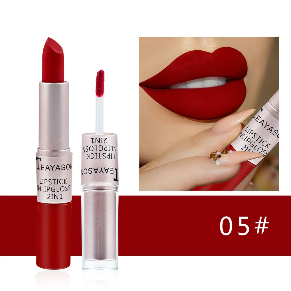 Matte Velvet Lip Tint Long Lasting - ลิปกลอสสีชมพู1ชิ้น2อิน1กันน้ำติดทนนานลิปสติกเนื้อแมทปากแดงความชื้นแต่งหน้าสำหรับผู้หญิง