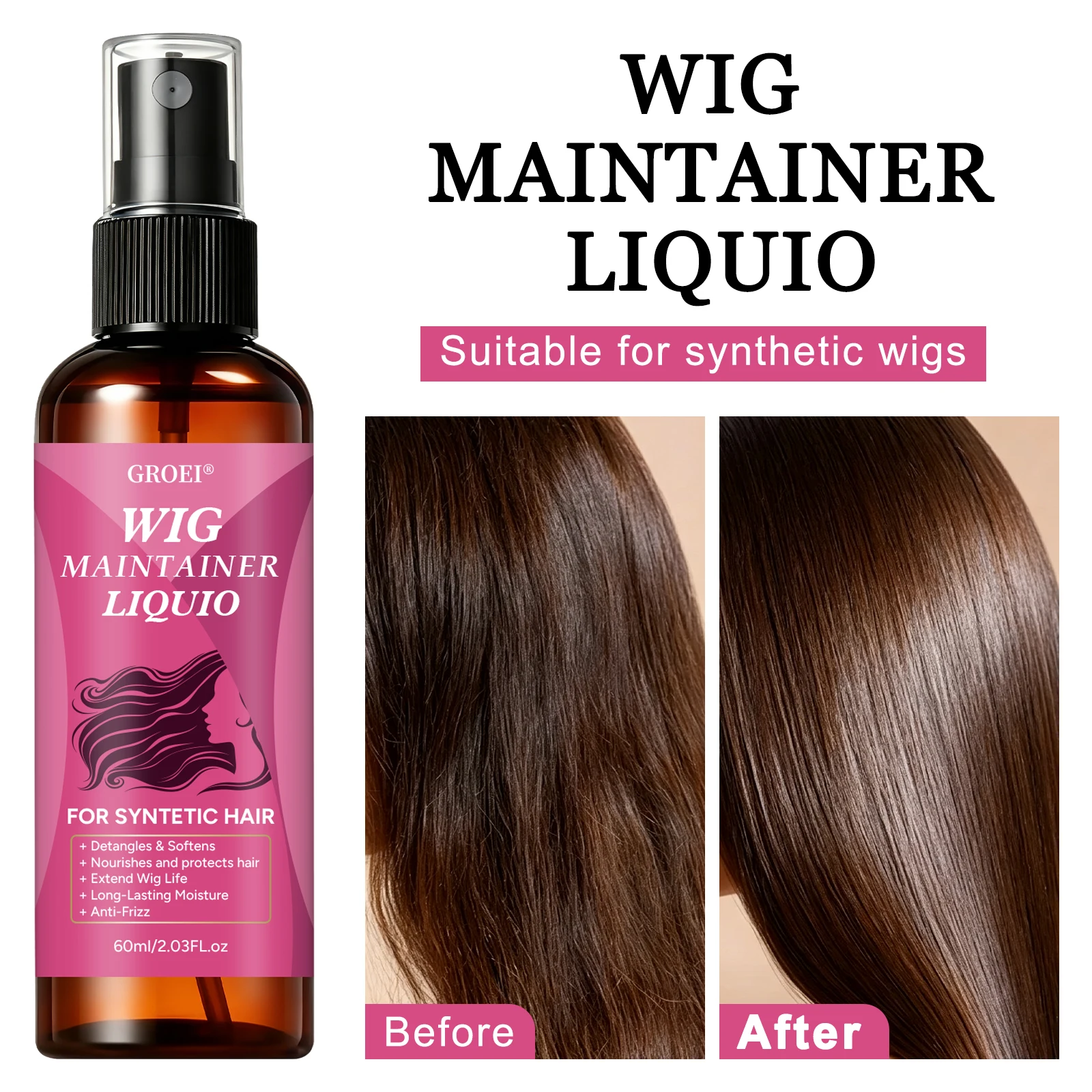 Hair Care - สเปรย์บำรุงวิกผมป้องกันผมชี้ฟู GROEI 60 มล. น้ำยาบำรุงเพิ่มความชุ่มชื้นและเงางามสำหรับวิกผมสังเคราะห์