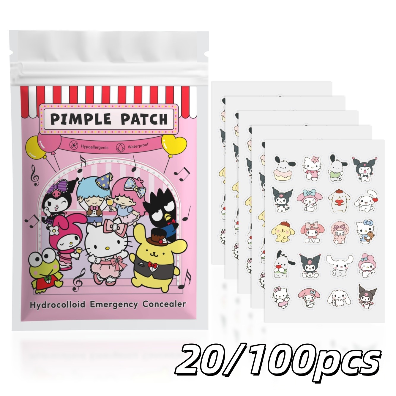 Hydrocolloid Pimple Patch - 20/100 ชิ้นชุดแปะสิวไฮโดรคอลลอยด์เฮลโลคิตตี้,สติ๊กเกอร์ลายการ์ตูนน่ารัก, แผ่นแปะดูแลผิวหน้าแบบกันน้ำที่มองไม่เห็น