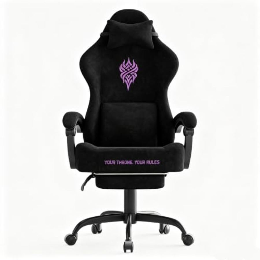 Massage - เก้าอี้เกมมิ่งสำหรับนักเล่นเกมและใช้งานในสำนักงาน ผ้ากำมะหยี่สีดำ ดีไซน์ตามหลักสรีรศาสตร์ พร้อมฟังก์ชันปรับเอน ที่พักเท้า และระบบนวด