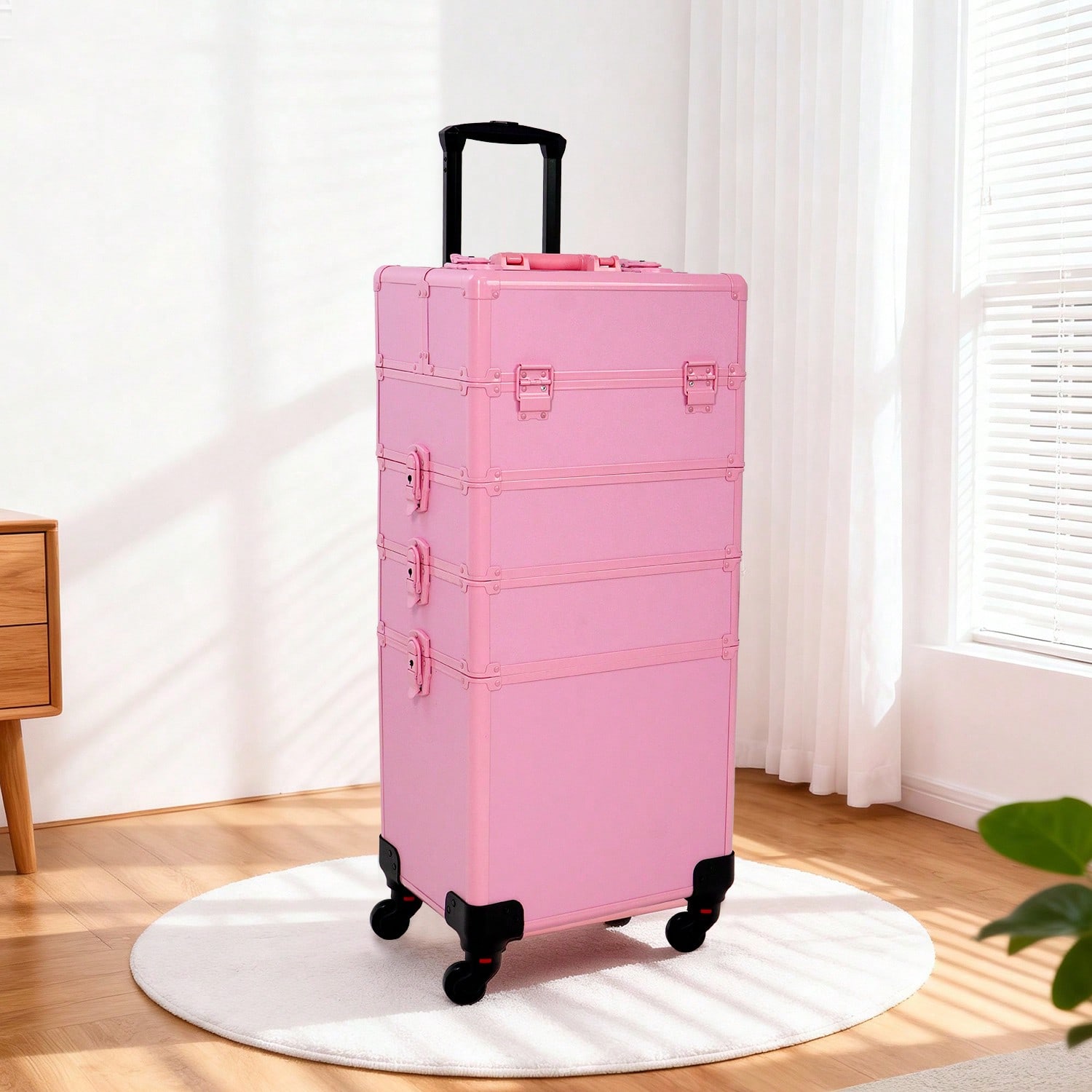 Makeup - กระเป๋าแต่งหน้าแบบมีล้อ 4 in 1 พร้อมฝาปิดและกุญแจล็อค, กระเป๋าเครื่องสำอางขนาดใหญ่สำหรับมืออาชีพ,