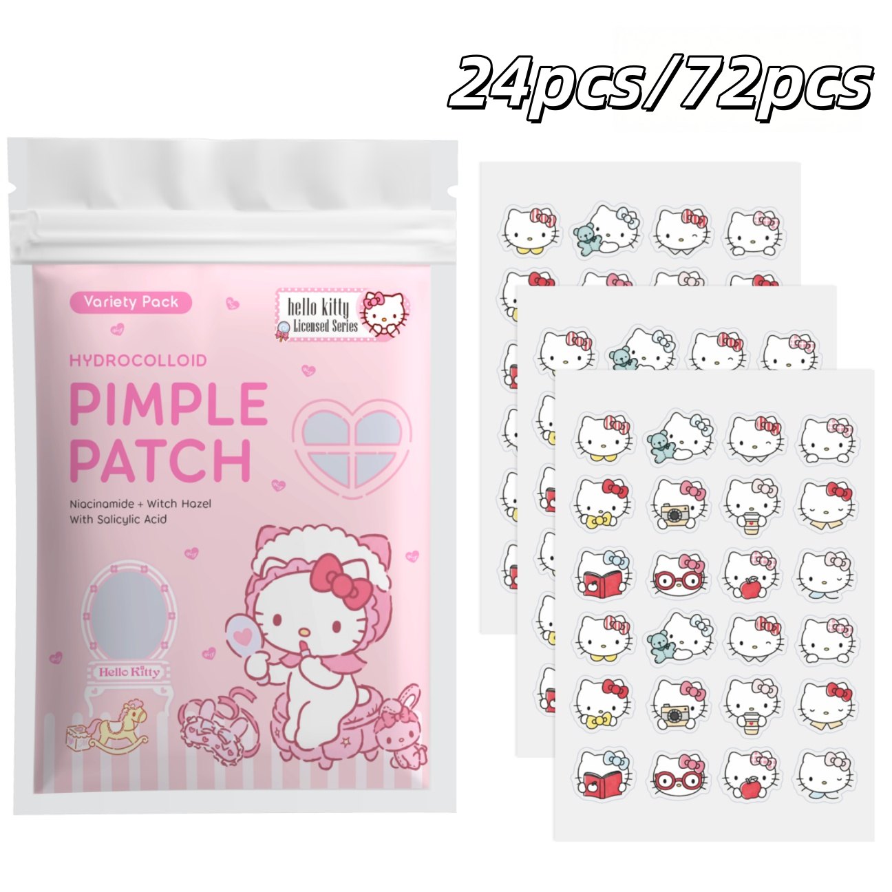 Hydrocolloid Pimple Patch - แผ่นแปะสิวไฮโดรคอลลอยด์ลายเฮลโล คิตตี้ 24/72 ชิ้น, สติ๊กเกอร์ปิดสิวลายการ์ตูนน่ารัก, ชุดแพ็คหลากหลายแบบ