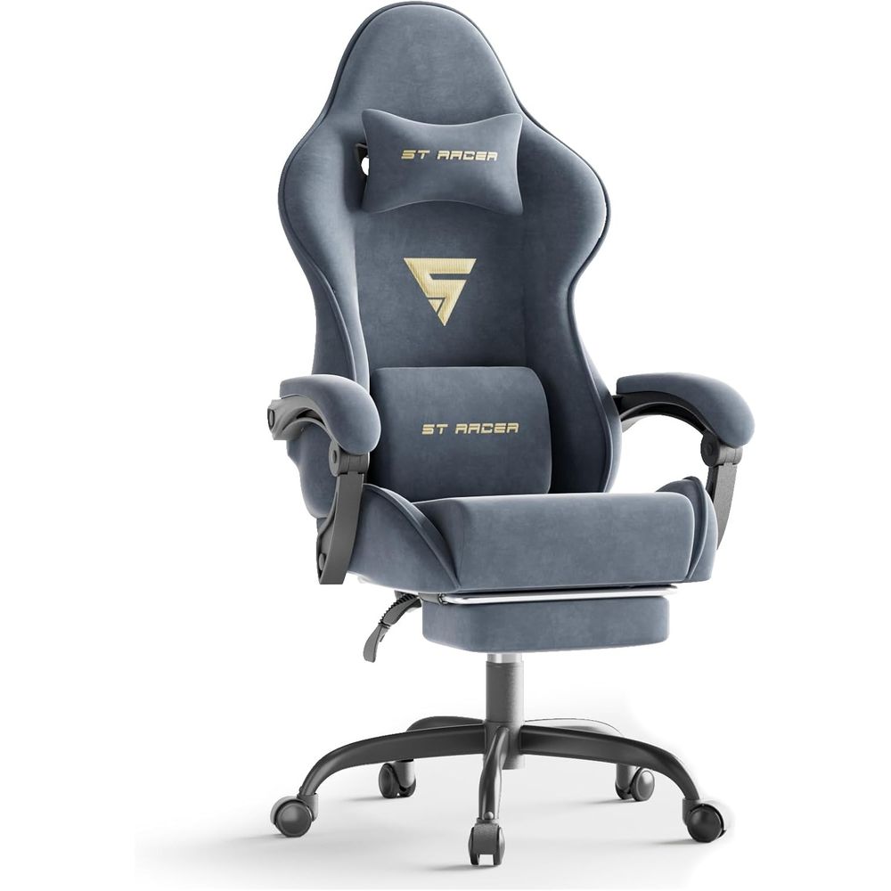 Massage - เก้าอี้เกมมิ่งตามหลักสรีรศาสตร์พร้อมที่วางเท้าและระบบนวด พนักพิงสูงปรับเอนได้สำหรับเกมเมอร์ เหมาะสำหรับใช้ในบ้านหรือสำนักงาน (สีเทา)