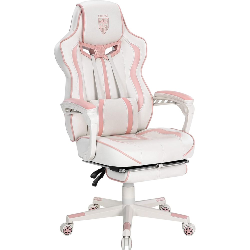 Massage - เก้าอี้เกมมิ่งพนักพิงสูงตามหลักสรีรศาสตร์ พร้อมที่พักเท้าและระบบนวด สีขาวและชมพู สำหรับผู้ใหญ่