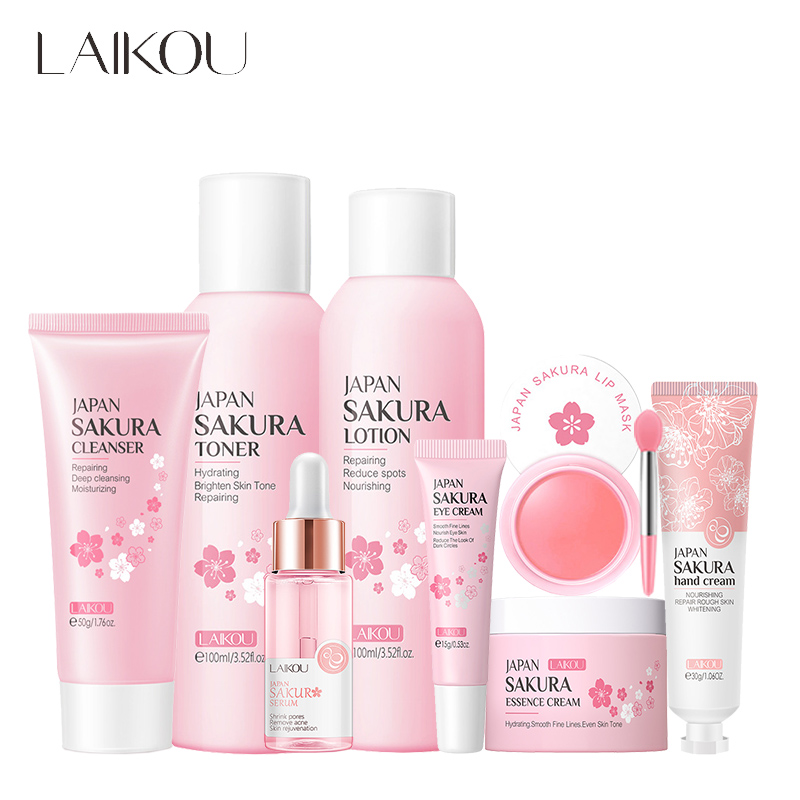 Hyaluronic Acid Facial Serum - Laikou ชุดดูแลผิวหน้าซากุระ8ชิ้นครีมให้ความชุ่มชื้นเซรั่มบำรุงผิวผ่อนคลายซ่อมแซมครีมทามือลิปบาล์มการแต่งหน้าเพื่อความงาม
